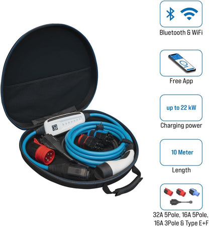 NRGkick 32A 10m Set Optimal, Estación de Carga móvil para Coches eléctricos, Cargador sin instalación, Incl. Adaptadores 32A & 16A + Enchufe Schuko, Cable de Carga EV con Bolsa de Transporte