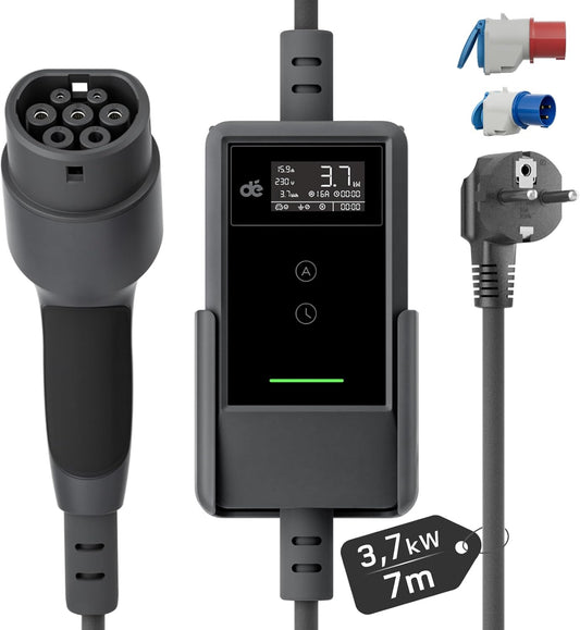 dé Cargador Coche Electrico 3,7kW [7 m, 6/8/10/13/16 A]Cargador Vehiculo Electrico Portátil con Kit de Adaptadores de Viaje, Cagador Carro Electrico para Model Y/3, GLC, A250, GLA, Q3 y Otros EV/PHEV