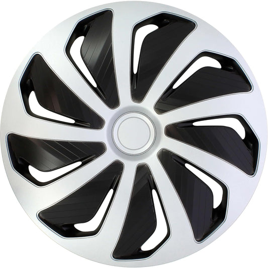 S SUMEX Juego de 4 Tapacubos de 16 Pulgadas Diseño Tennessee Silver Black Silver, Acabado Cromado y Negro ABS Resistente a Fuertes Impactos, Duradero y Fiable con Anillo de sujeción Ajustable