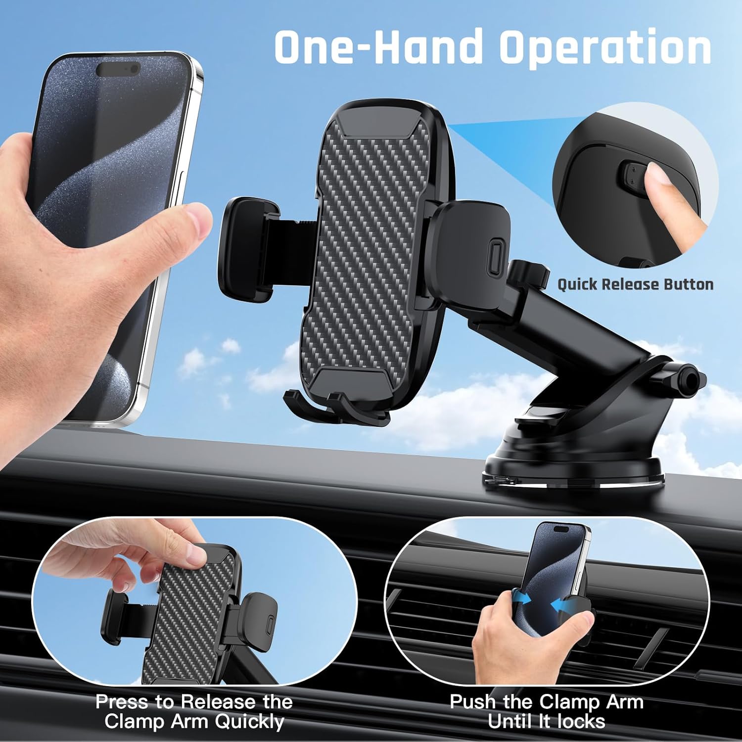 Soporte Movil Coche, [Potente Ventosa y Clip Estable] Suporte Telemovel Carro Universal para Parabrisas, Salpicadero y Ventilación, Porta Movil Coche para Teléfonos de 4-7"