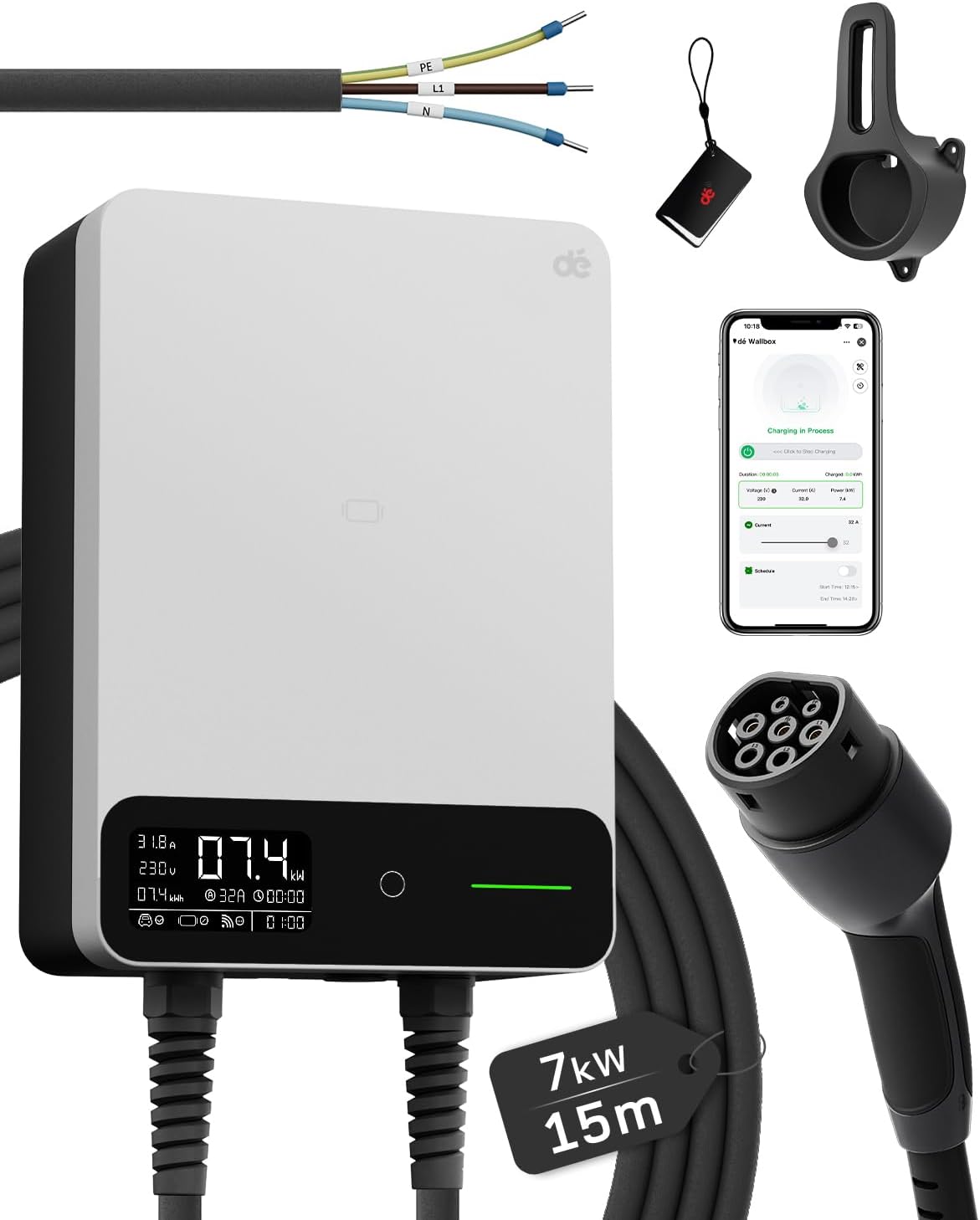 dé Tipo 2, 7 kW, cabo de 15 m, branco; referência B0FR3GR54Z