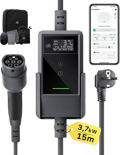 dé Tipo 2, 3,7 kW, cabo de 15 m, preto